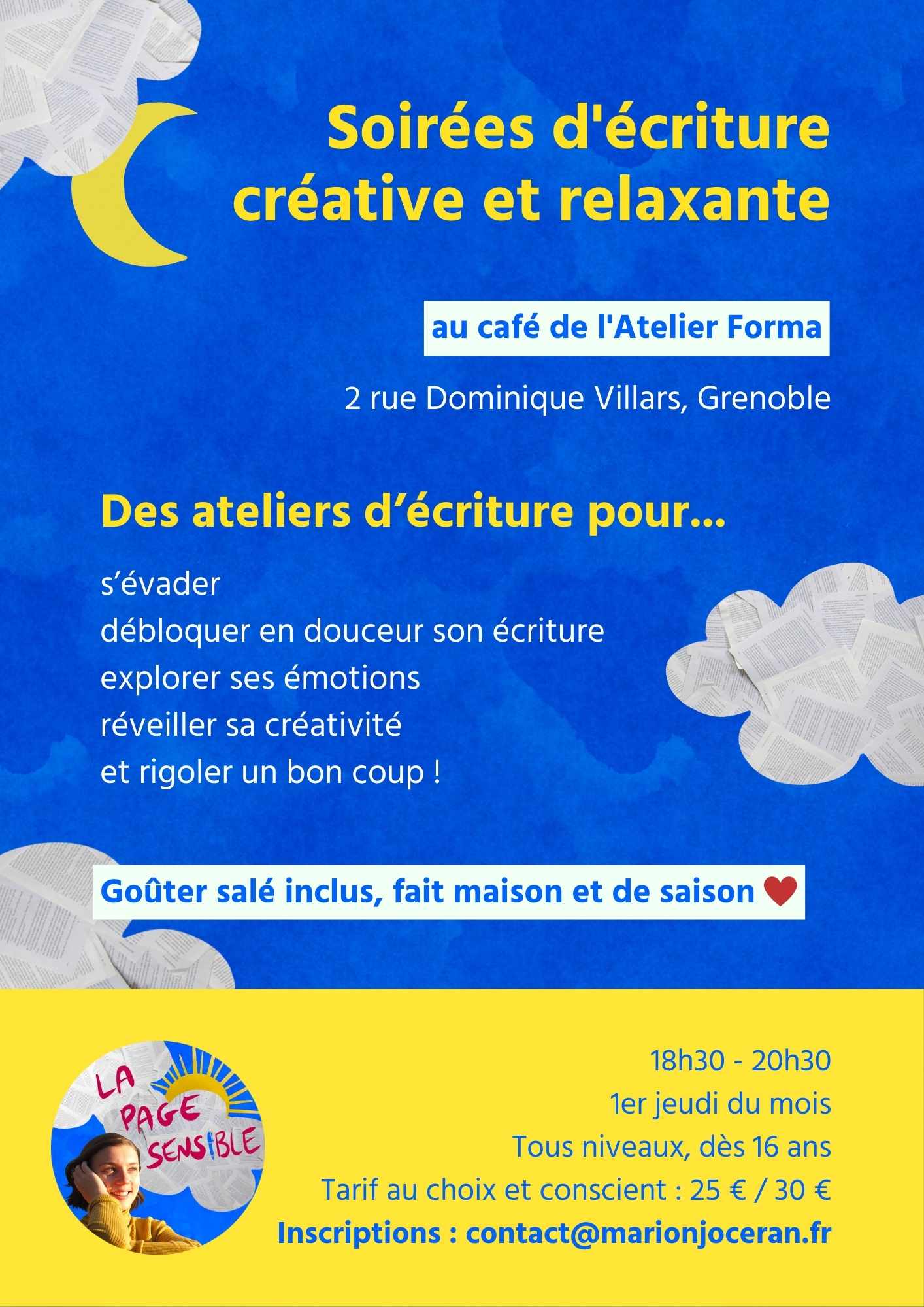 Ateliers d'écriture à Grenoble pour adultes de tous niveaux avec Marion Joceran, de La Page Sensible